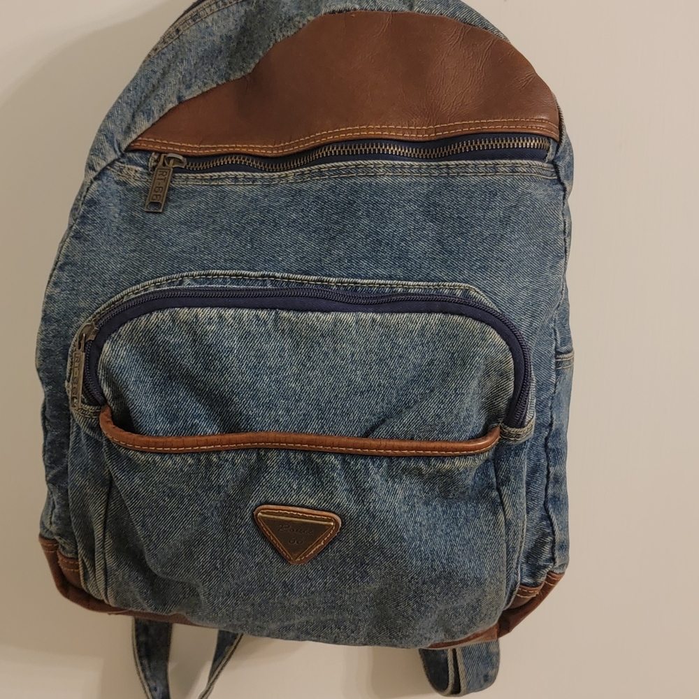 Denim and Brown Leather Backpack